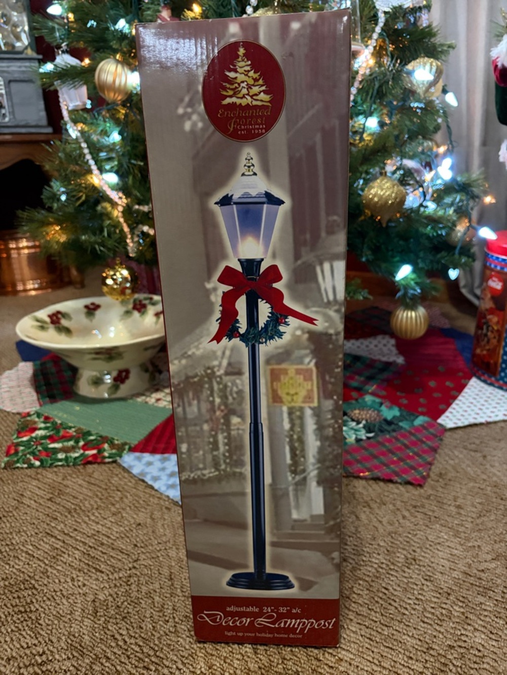 Enchanted Holiday Blue Lamp Post with Red Bow Accent